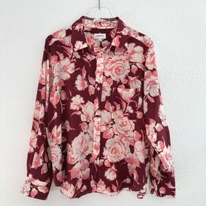 Liberty London Silk Floral Button Down Shirt Women XL Burgundy Long Sleeve